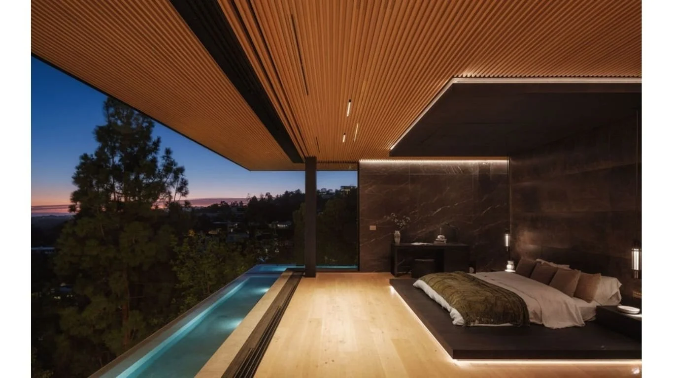 Bedroom in Cordell Ave residence, Los Angeles, featuring lighting design by Tirschwell Lighting, designed by Paul McClean Design.