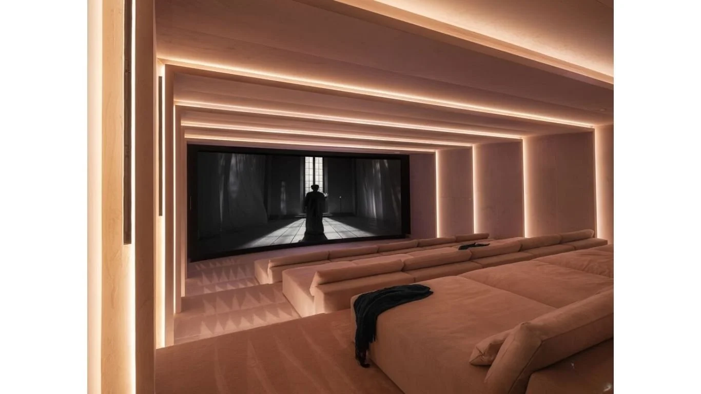 Indoor theatre in Cordell Ave residence, Los Angeles, featuring lighting design by Tirschwell Lighting, designed by Paul McClean Design.