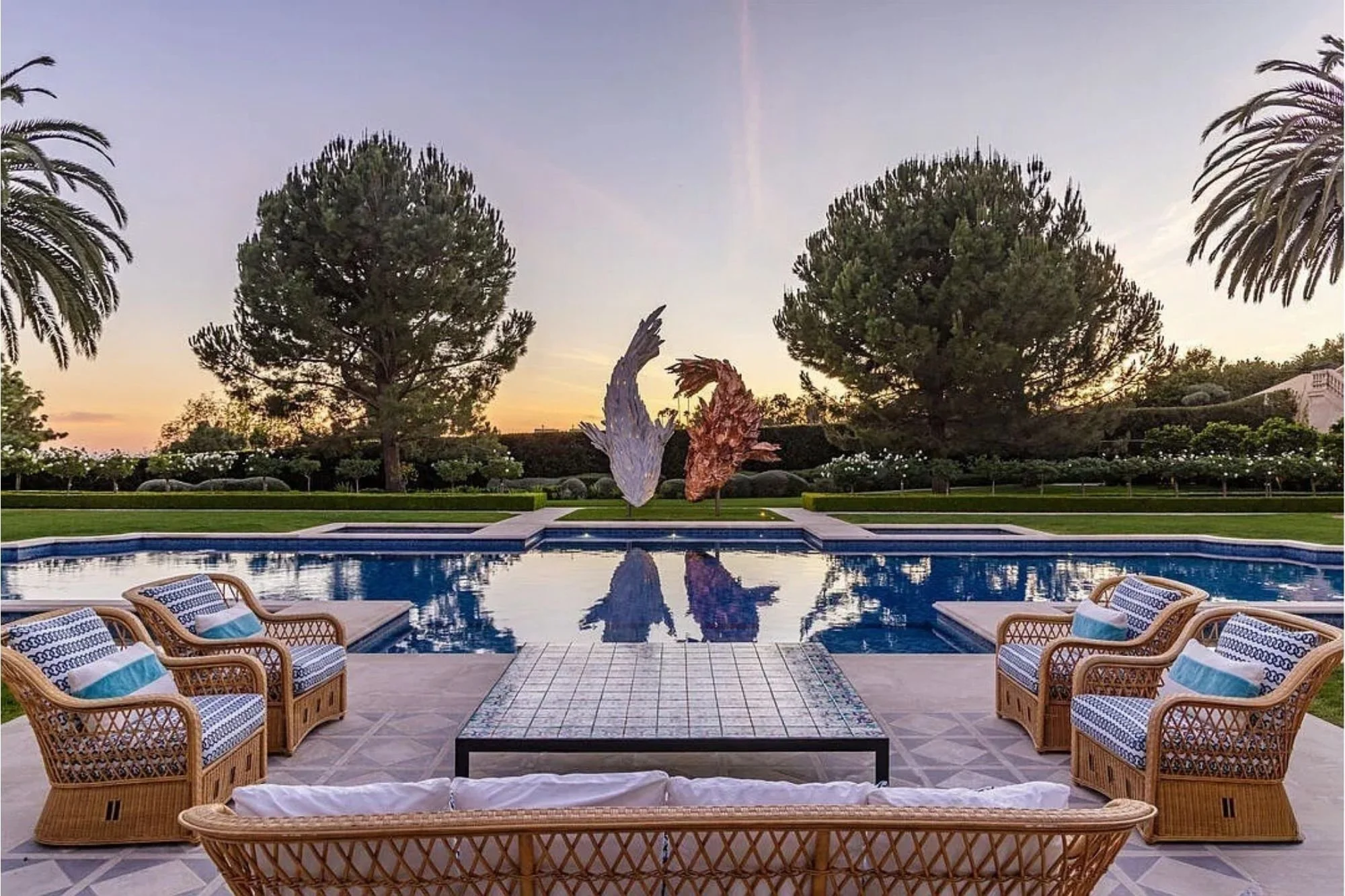 Patio lighting at Bel Air residence, designed by Tirschwell Lighting, architecture by Shubin Donaldson, interiors by Lucas Interior, and landscape by Hocker Design.