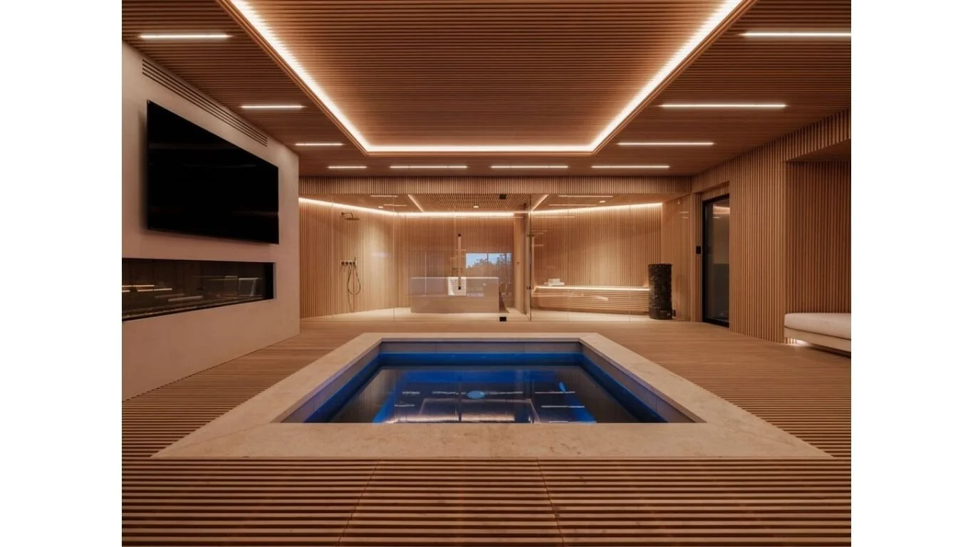 Sauna room in Cordell Ave residence, Los Angeles, featuring lighting design by Tirschwell Lighting, designed by Paul McClean Design.