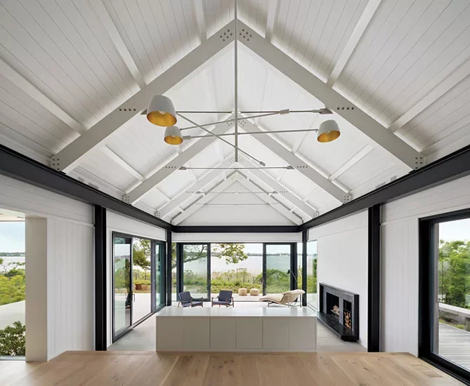 Residential interior at East Lake Montauk home, with lighting design by Tirschwell Lighting, designed by Robert Young.