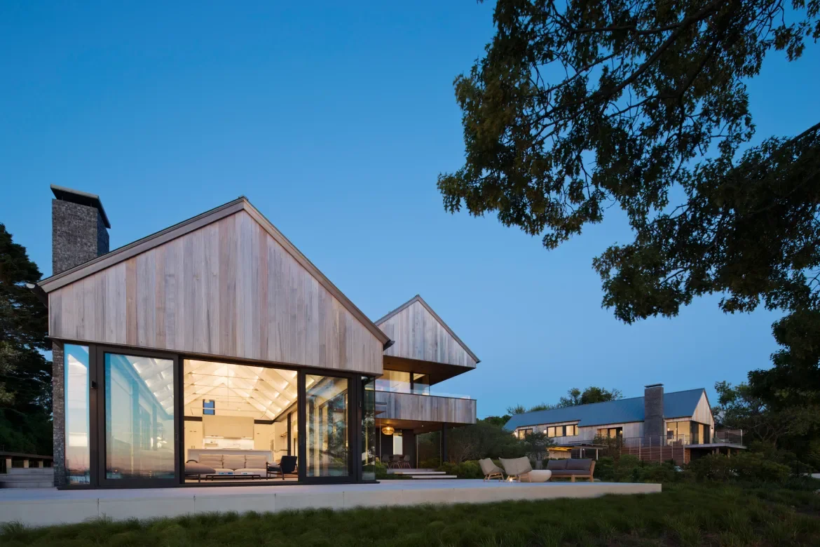 Exterior of East Lake residence in Montauk, featuring lighting design by Tirschwell Lighting, designed by Robert Young.