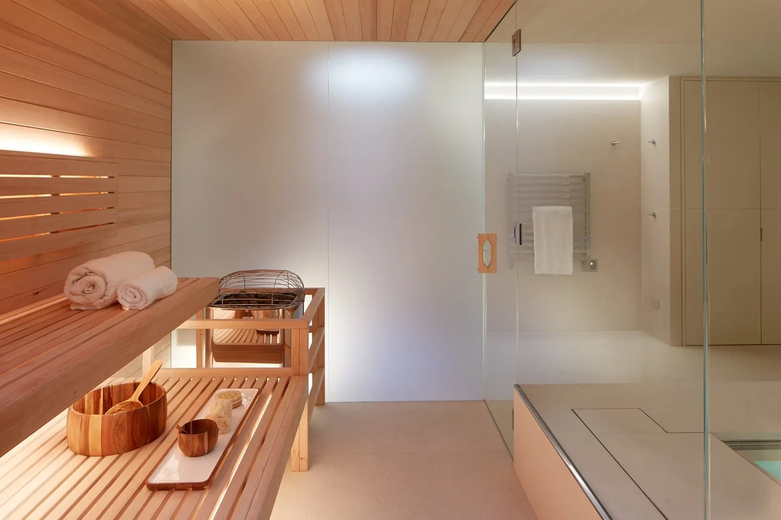 Sauna in Central Park West residence, New York, featuring lighting design by Tirschwell Lighting, designed by William Leeds.