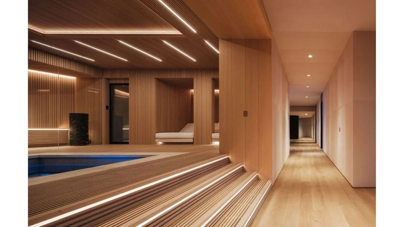 Sauna room in Cordell Ave residence, Los Angeles, featuring lighting design by Tirschwell Lighting, designed by Paul McClean Design.