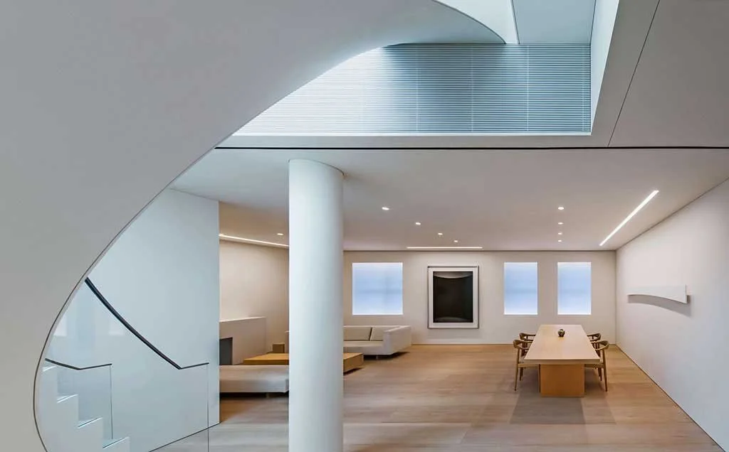 Interior of E72nd Street penthouse, New York, featuring lighting design by Tirschwell Lighting and architecture by Tadao Ando.