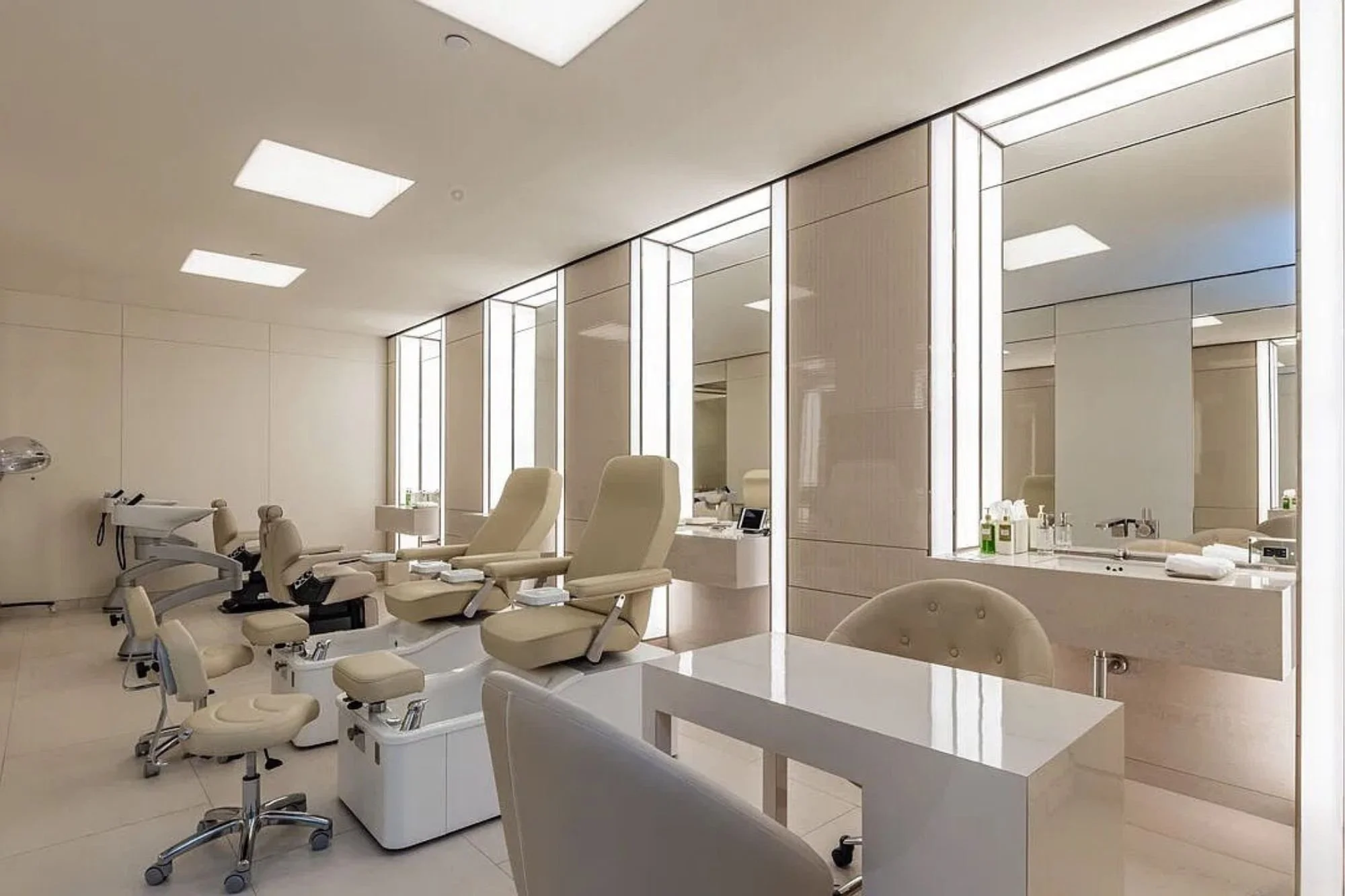 Beauty salon in Bel Air residence, featuring lighting design by Tirschwell Lighting, designed by Shubin Donaldson with interiors by Lucas Interior and landscape by Hocker Design.
