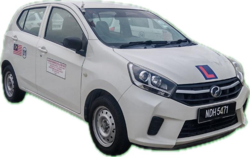 White driving school car with a large red and blue 'L' on the hood, Malaysian flag stickers, and a black license plate NDH 5471.