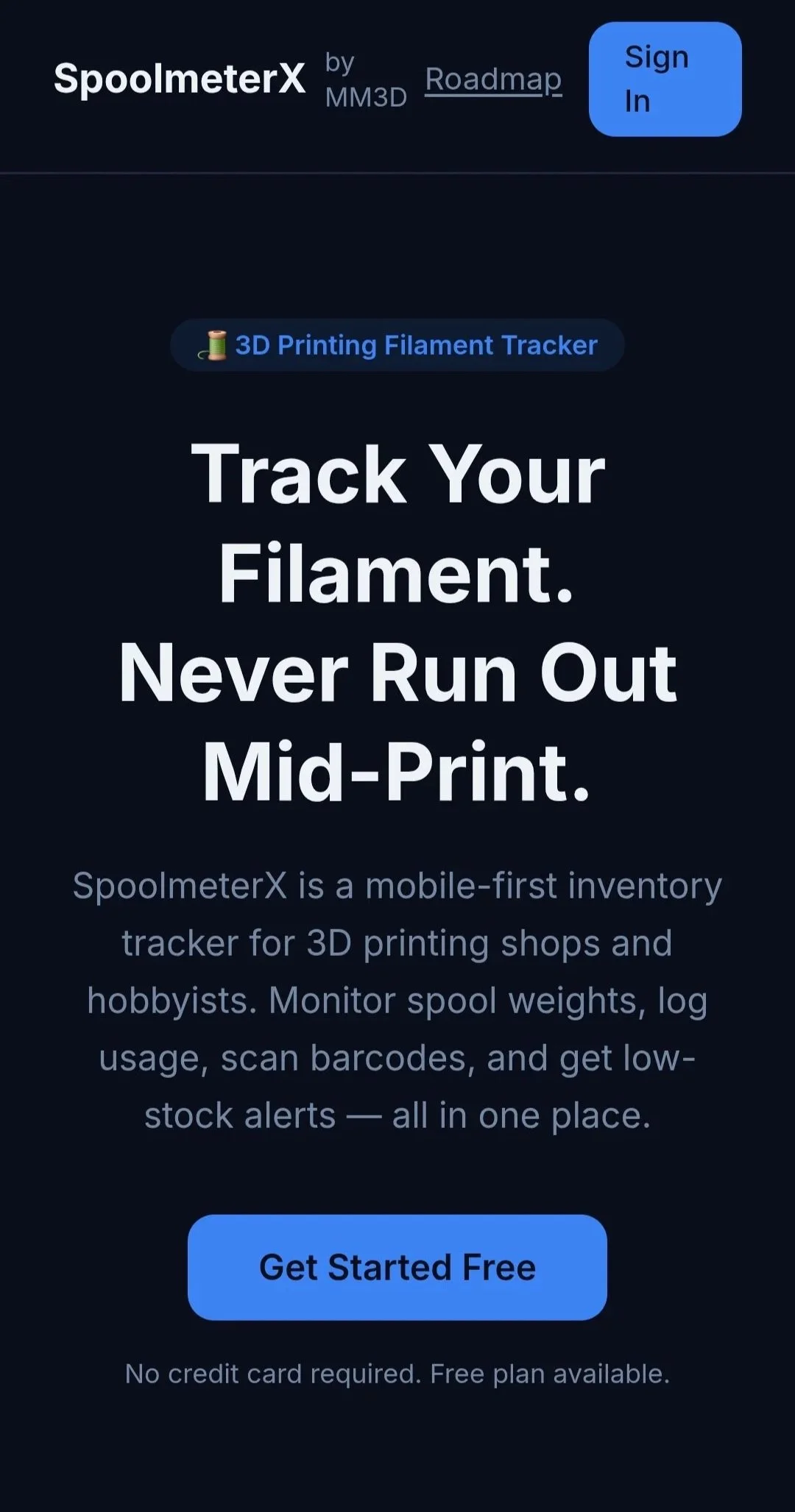 Screenshot of a website promoting SpoolmeterX, a mobile inventory tracker for 3D printing shops and hobbyists. It features a blue sign-in button, a headline about tracking filament, and a blue call-to-action button labeled 'Get Started Free'.