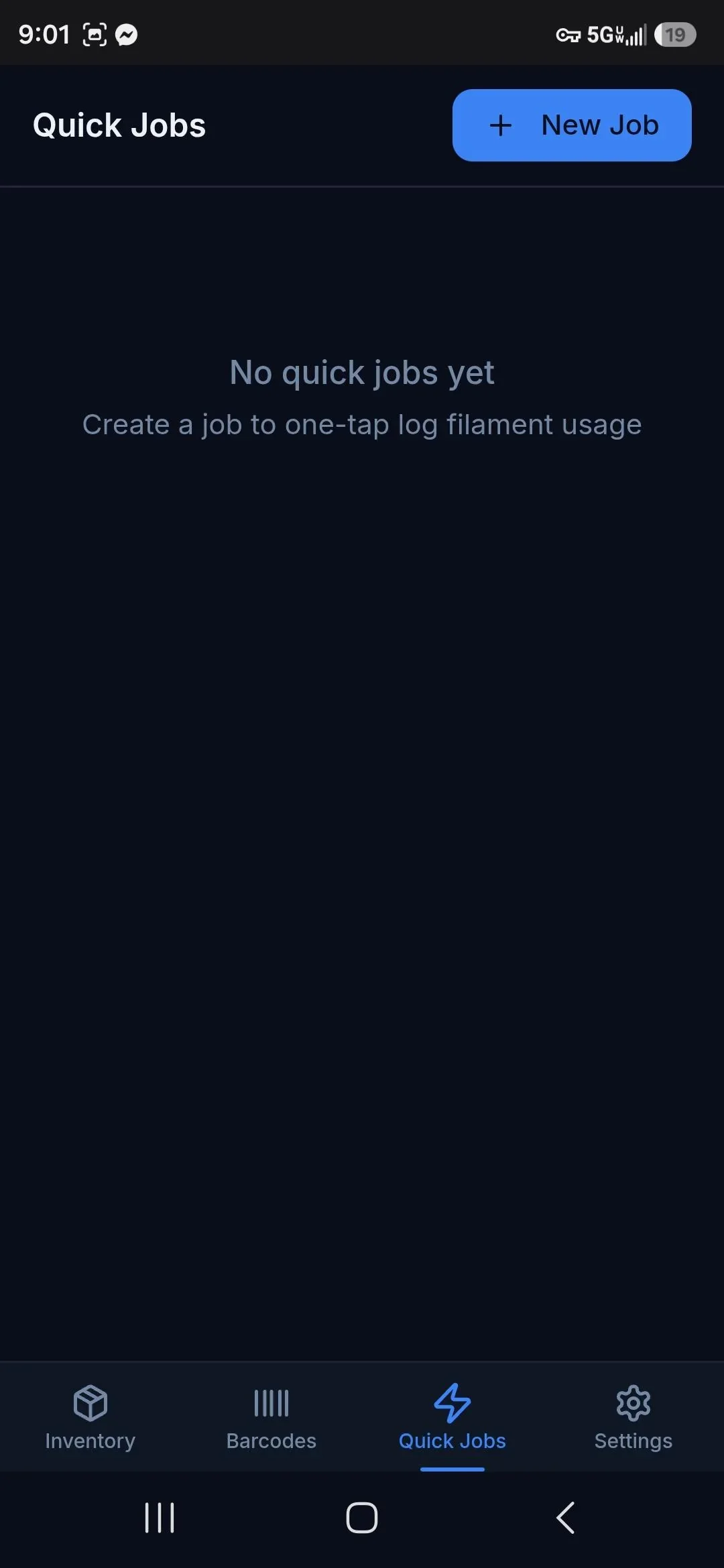 Screenshot of a mobile app with a dark interface, showing the 'Quick Jobs' section which is currently empty, with a button labeled '+ New Job' at the top right corner. Navigation bar at the bottom includes icons for Inventory, Barcodes, Quick Jobs, and Settings.
