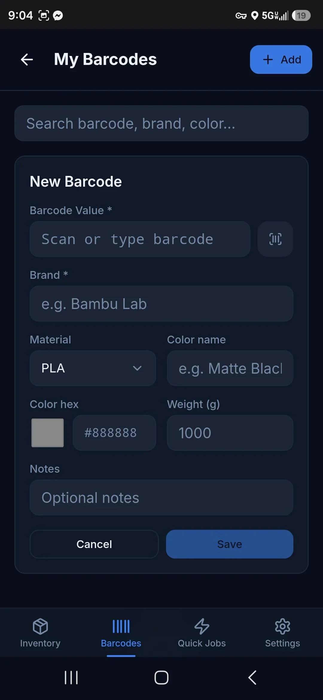 Screenshot of a barcode management app with fields to add a new barcode, including barcode value, brand, material, color, weight, and notes.