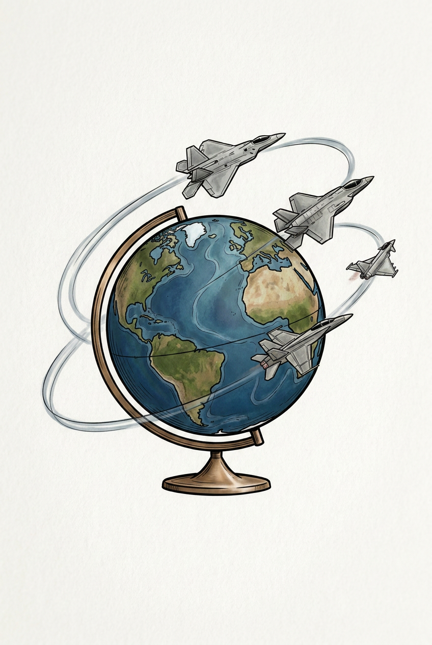 A picture of aircraft flying around a globe