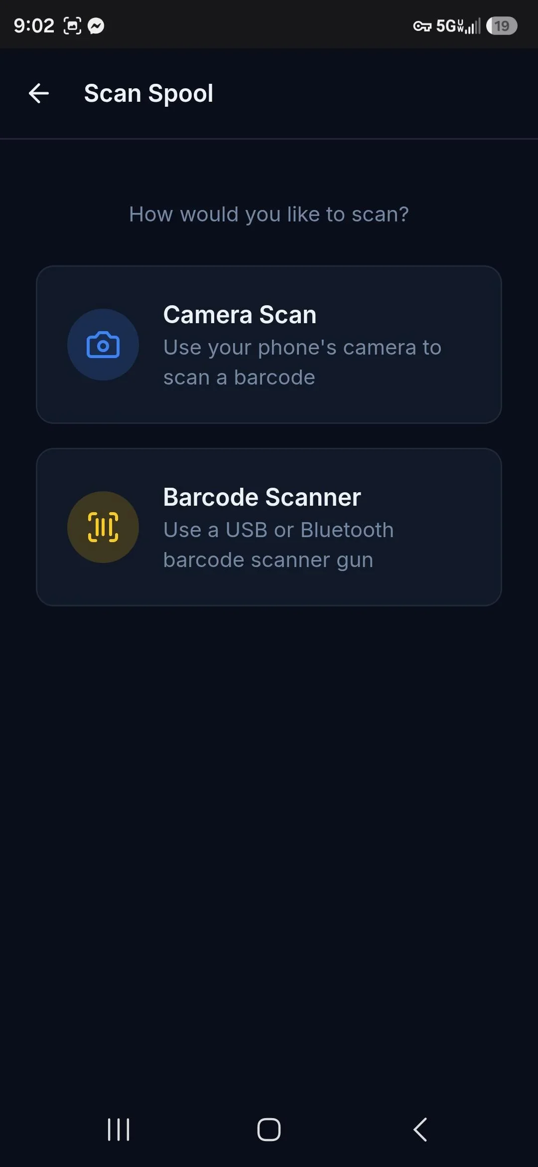 A mobile app screen showing options for scanning a barcode: Camera Scan using phone's camera or Barcode Scanner using a USB or Bluetooth scanner gun.