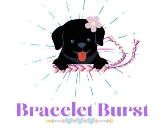 Illustration of a cute black dog with a pink flower on its head, holding a woven bracelet in its mouth. Text below reads "Bracelet Burst" in purple letters. Decorative hearts and dots are beneath the text.
