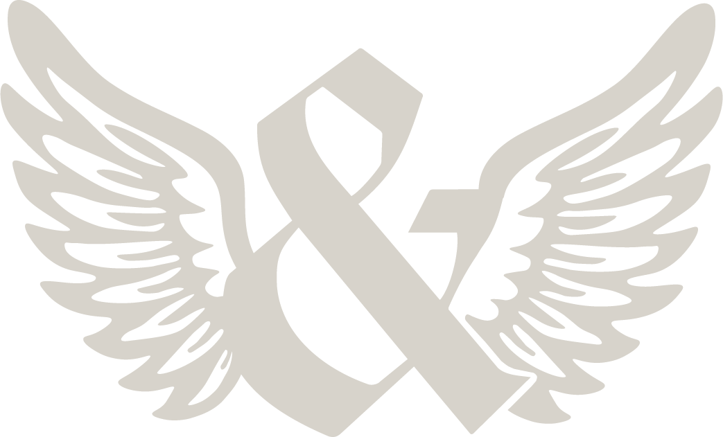 Black and white graphic of stylized wings with a ribbon in the center.