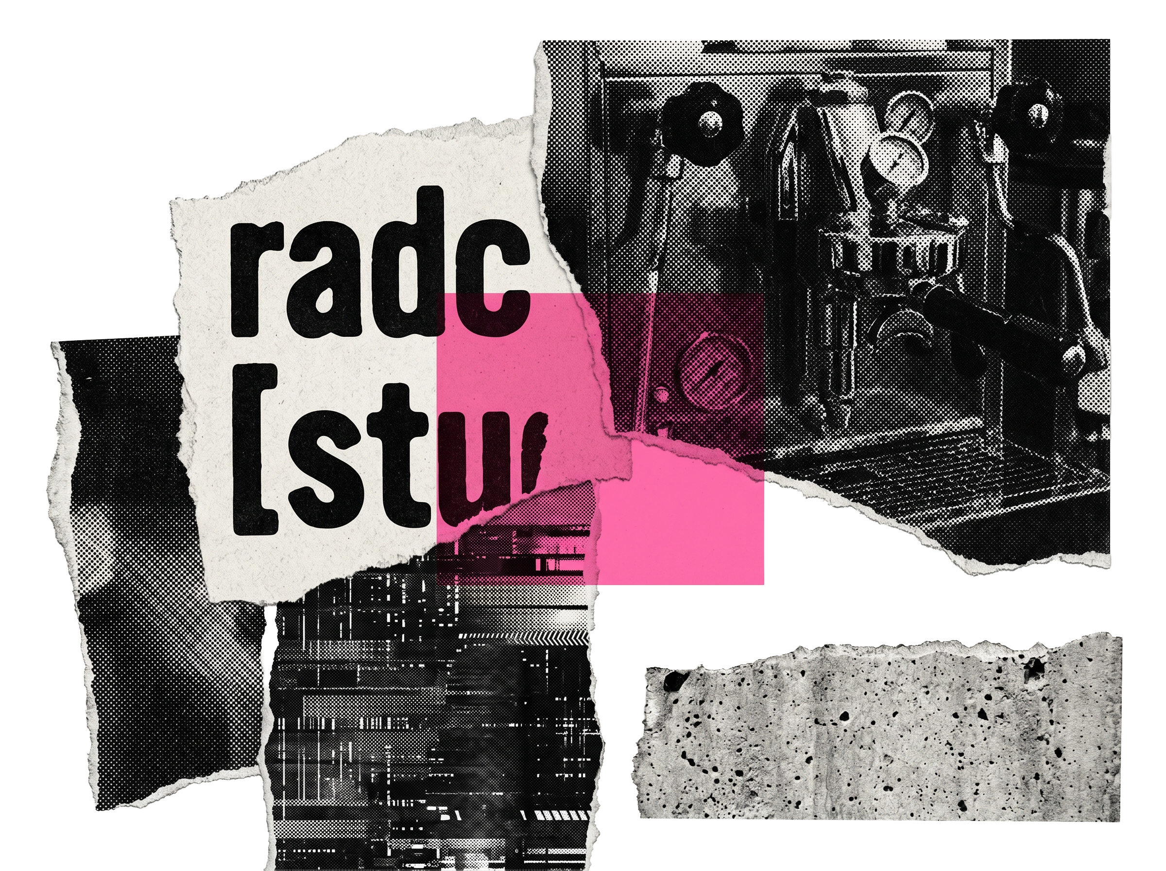 Collage of torn paper textures, a vintage radio, and abstract graphic elements.