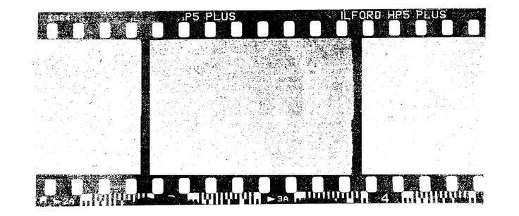 Black and white strip of photographic film with perforations and markings, including "P5 PLUS," "ILFORD HP5 PLUS," and numbered frames.