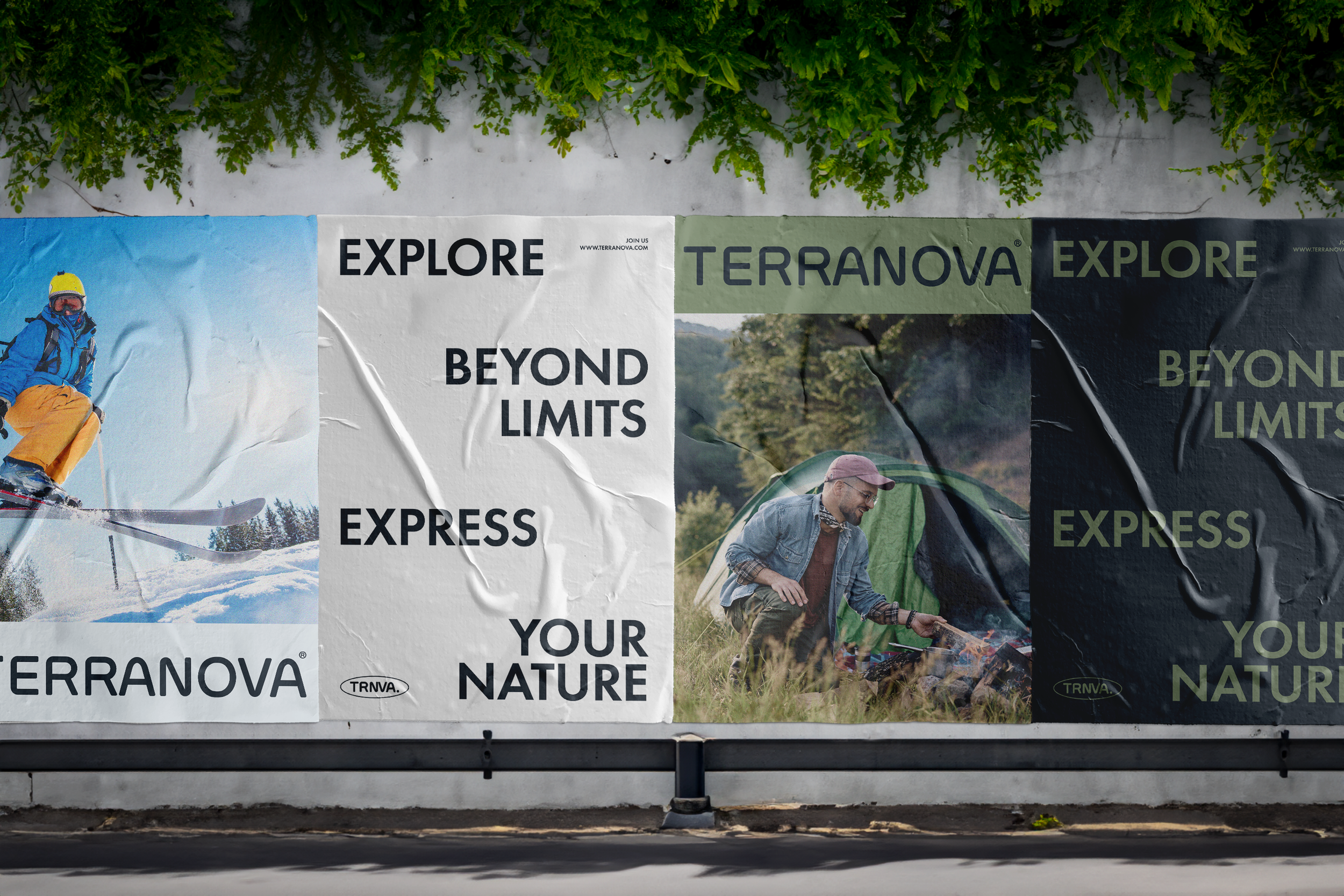 Part of adventure travel posters for Terranova, featuring images of a skier in winter gear and a man camping outdoors, with phrases like "Explore Beyond Limits" and "Express Your Nature" against a natural backdrop and greenery.