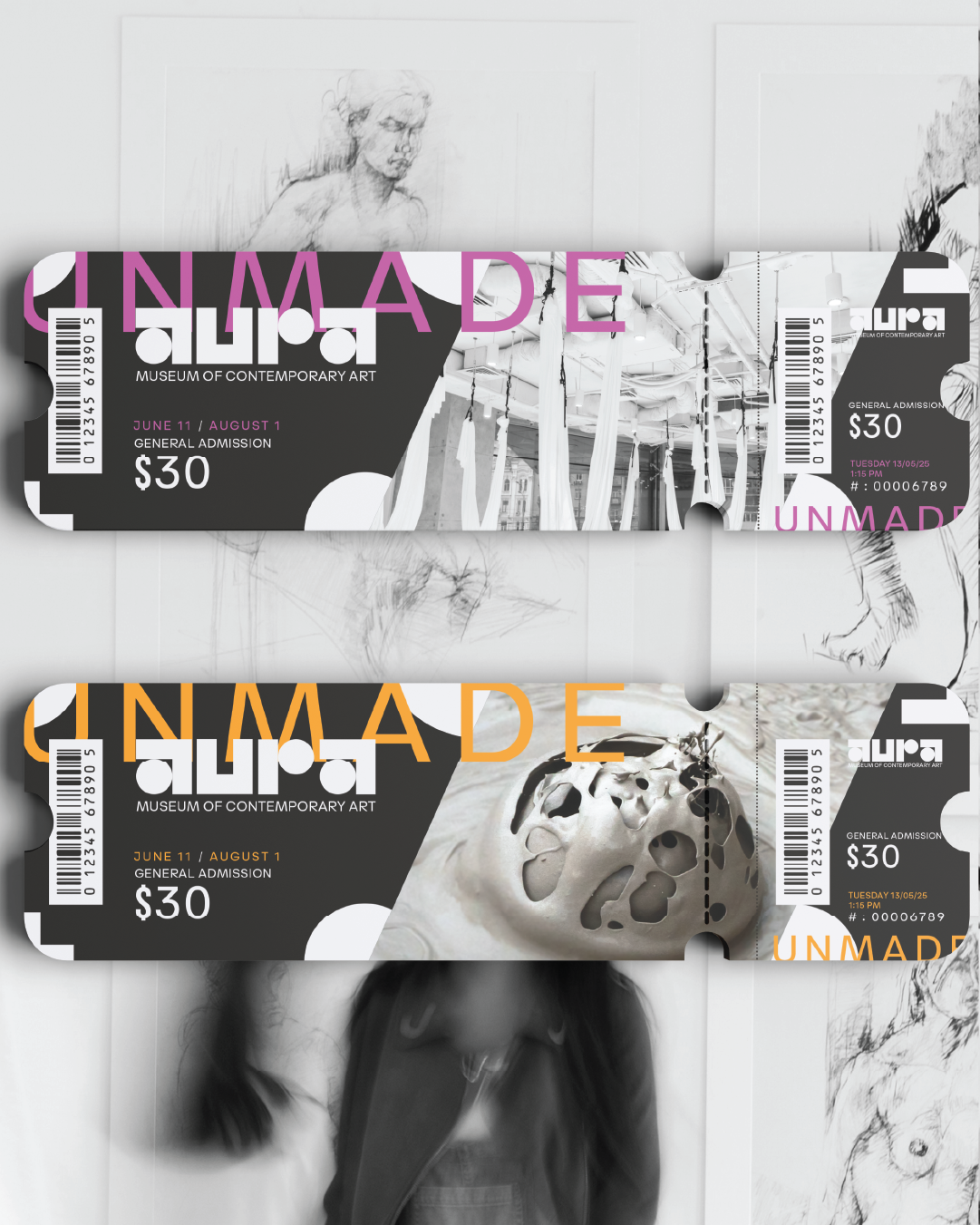 Two museum admission tickets, one purple and white, the other orange and white, for the Museum of Contemporary Art, with artwork sketches in the background.