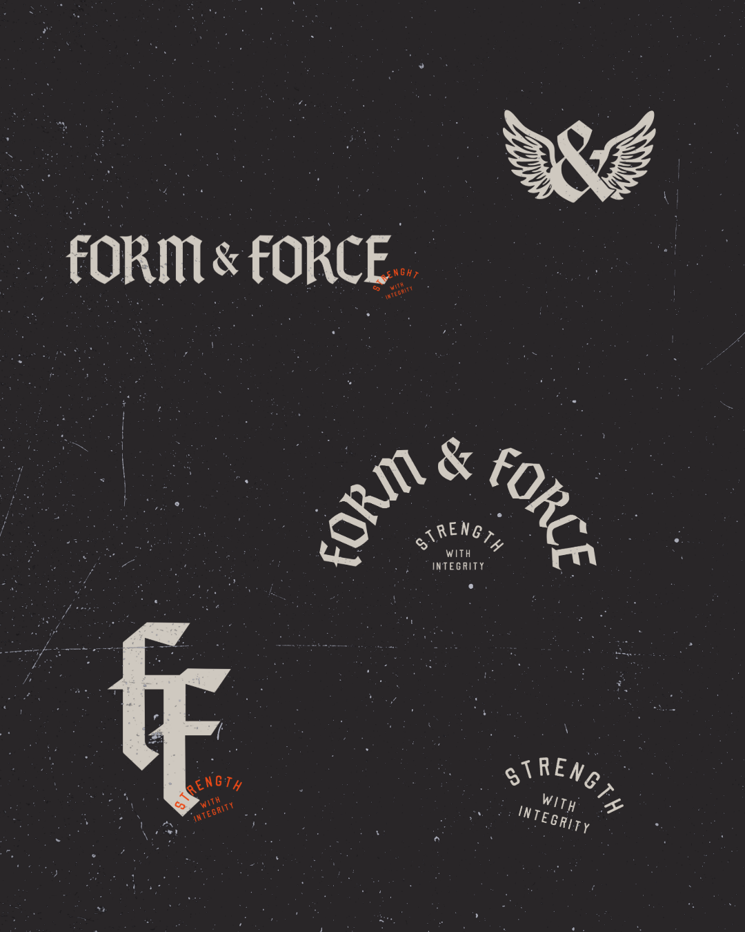 Graphic with phrases 'Form & Force' and 'Strength with Integrity' in various font styles and a winged ampersand symbol on a black speckled background.