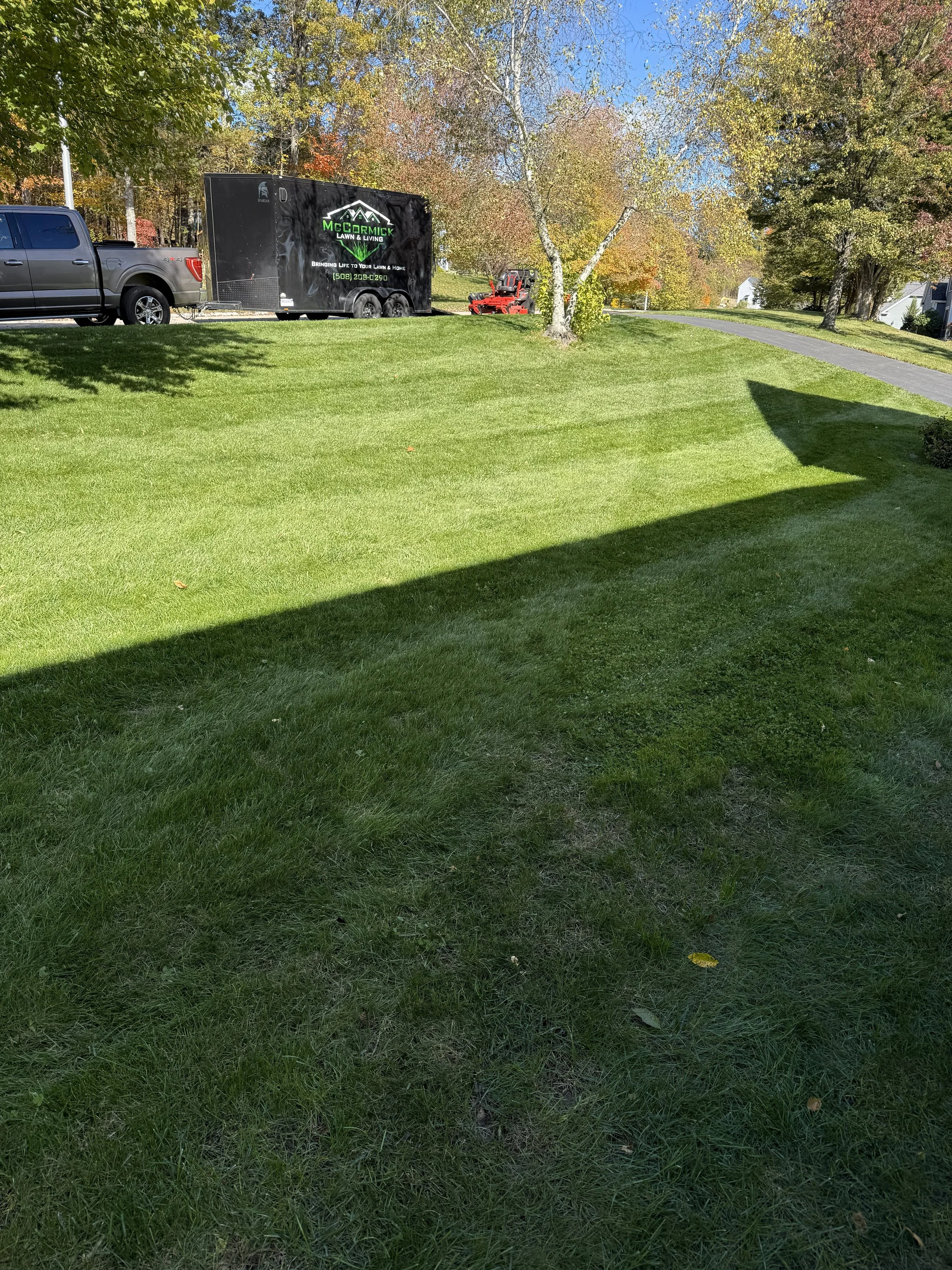 A grassy lawn with a tree, parked truck, trailer for McCormick Lawn & Landscaping, and a sidewalk.