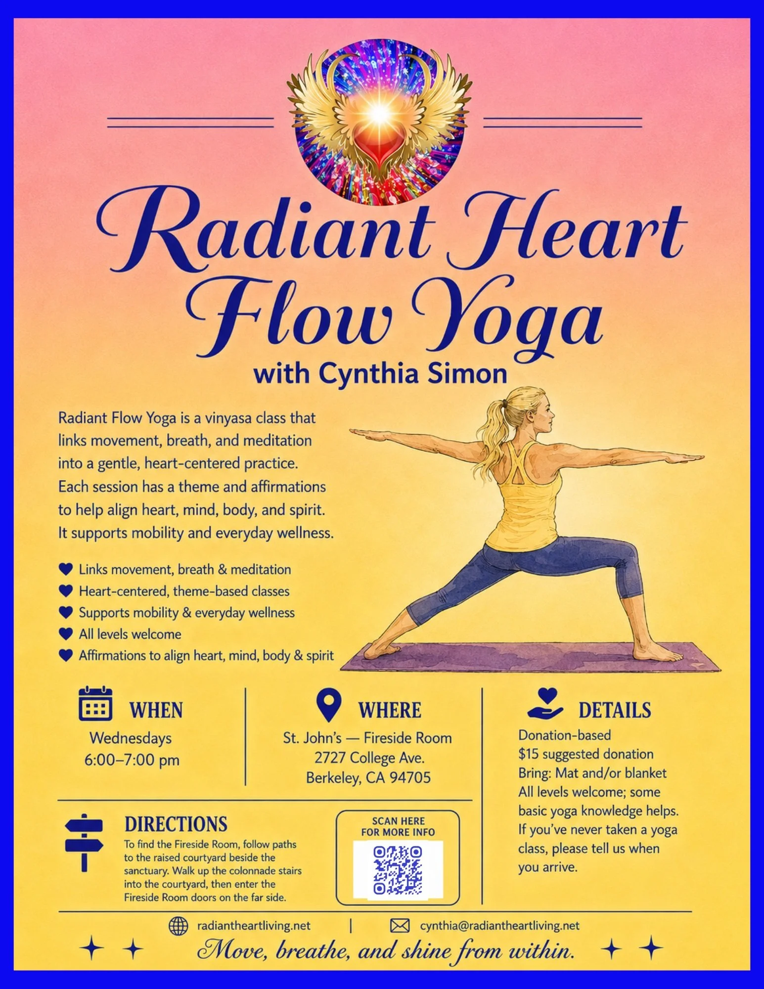 Berkeley donation-based yoga classes 📅 Wednesdays | 6:00&ndash;7:00 PM
📍 St. John&rsquo;s Presbyterian Church &ndash; Fireside Room
2727 College Ave., Berkeley, CA 94705
💛 Donation-based | $15 suggested donation
Come join me for a gentle, heart-ce