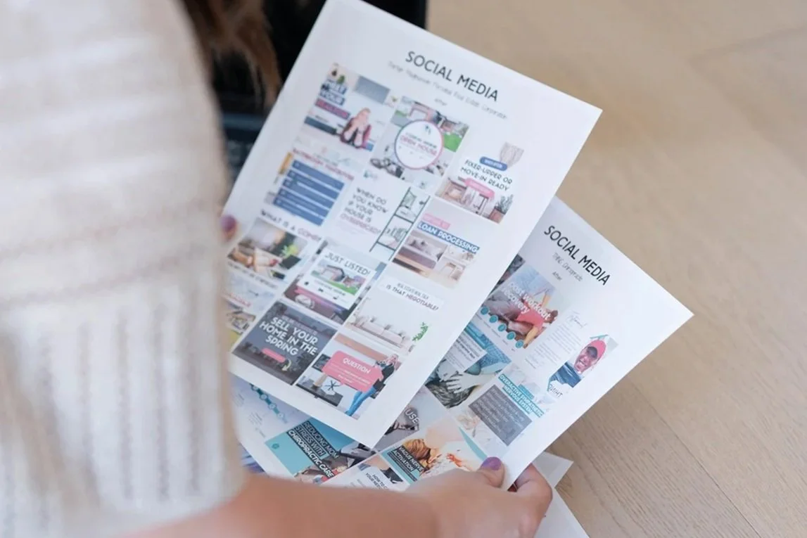 A person holding two social media marketing flyers with various images and text about social media marketing strategies.