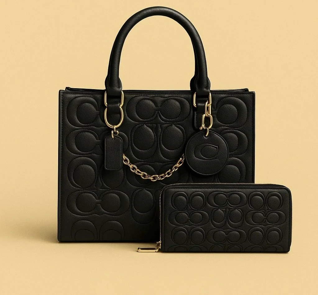 Inspired Signature Leather Large Tote & Wallet – Black