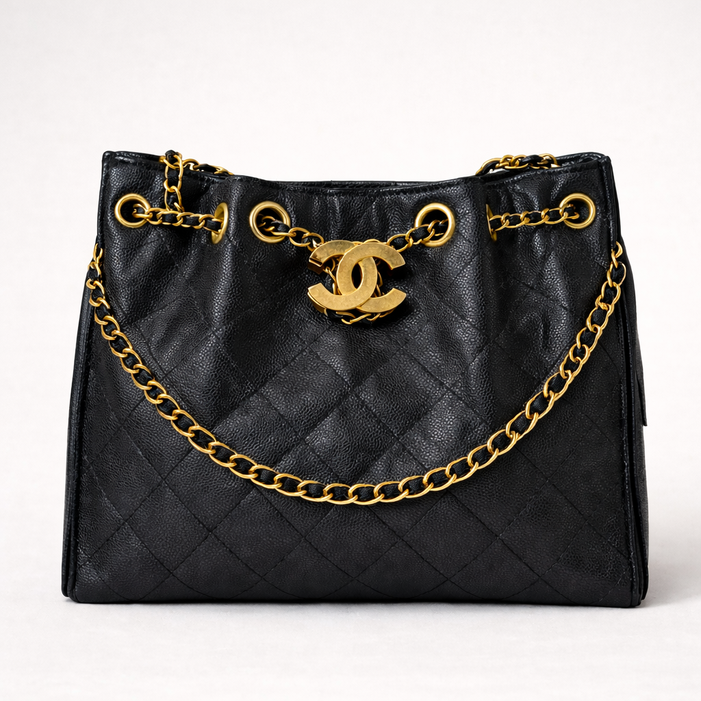Black Quilted Drawstring Chain Tote – Gold Hardware