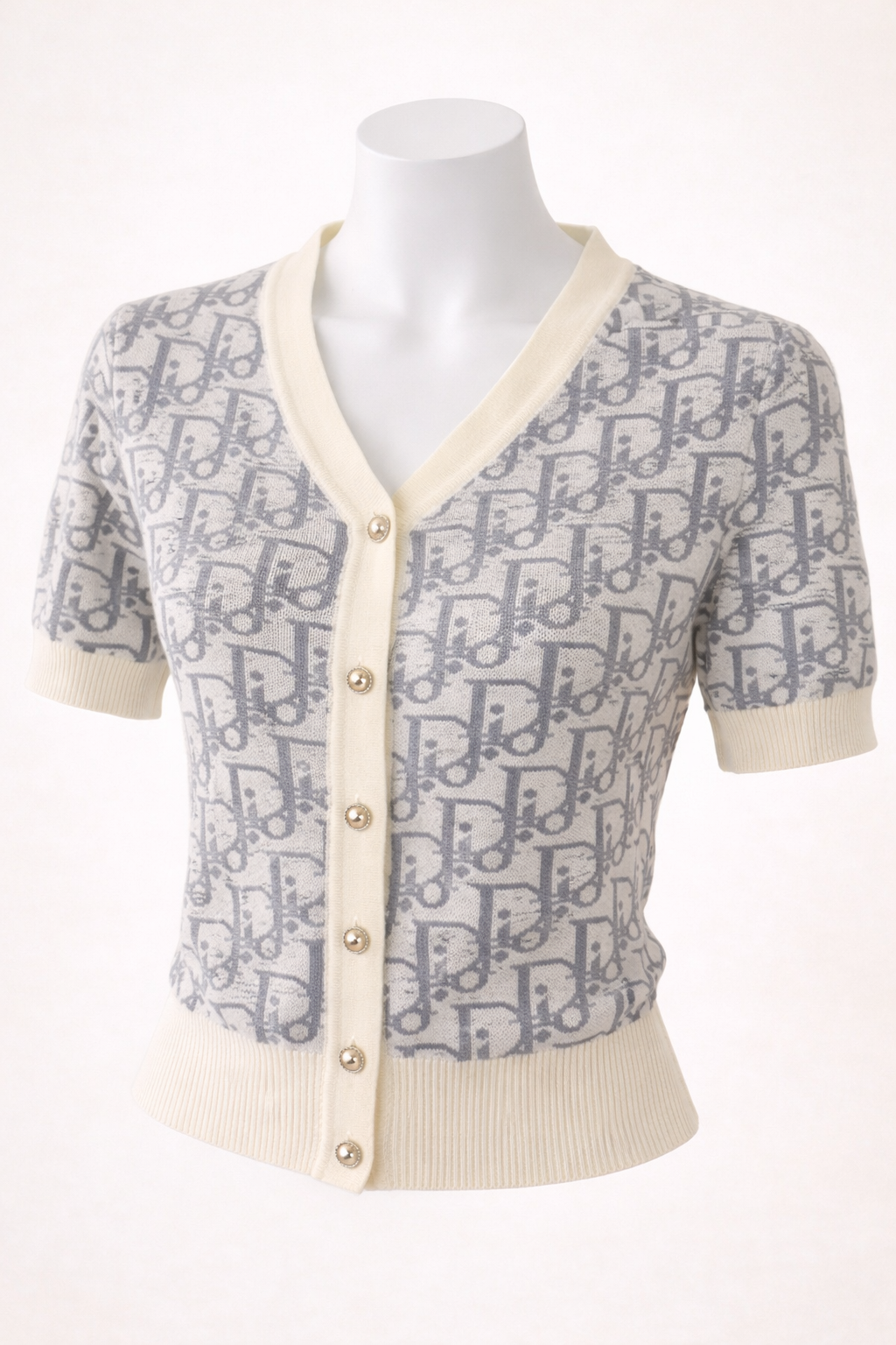 Inspired Monogram Short-Sleeve Knit Cardigan – Cream & Grey
