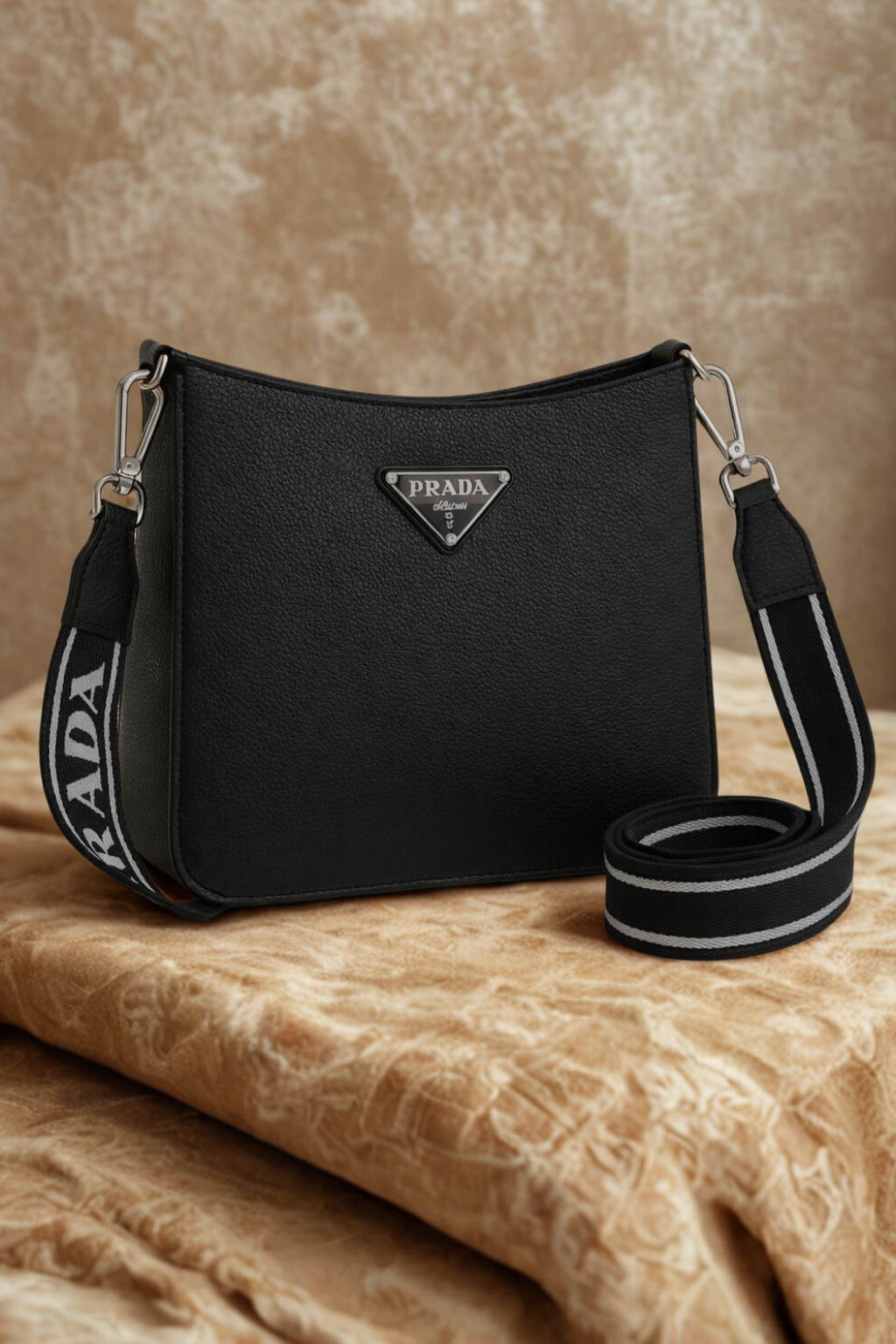 Inspired Nylon Leather Crossbody with Logo Strap – Black