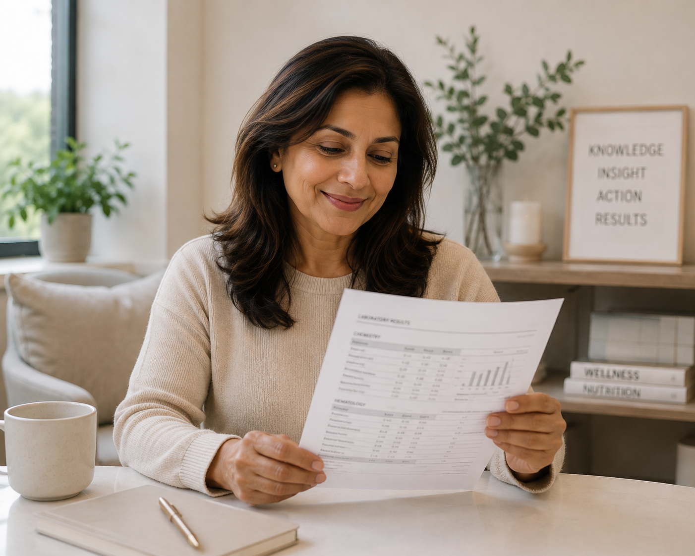 Woman looking at her lab results.  Biomarker lab test for menopause and hormones
