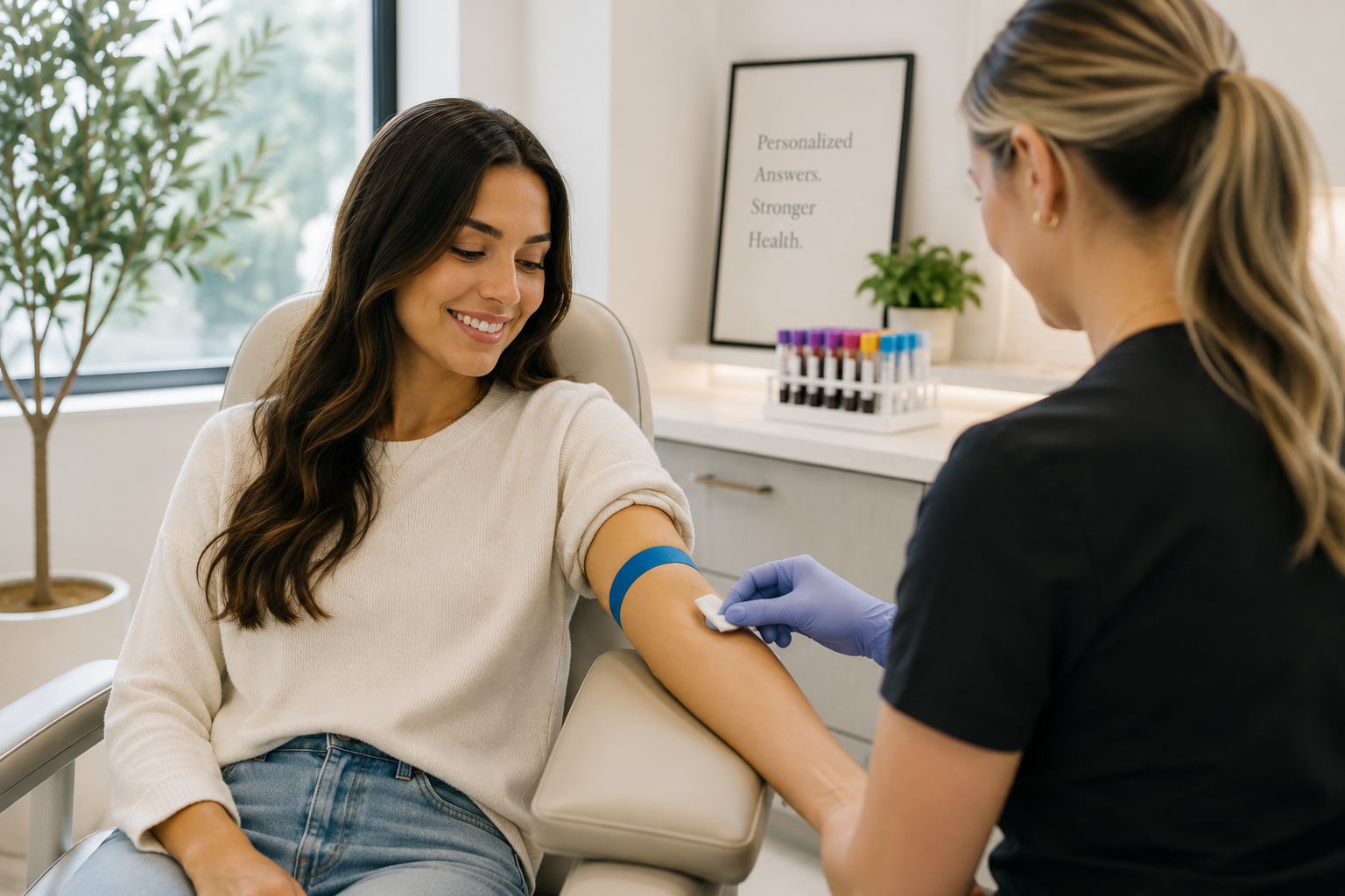 Biomarker laboratory testing.  Woman getting blood draw by healthcare professional and integrative health clinic