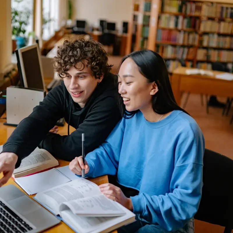 two university students studying in the library
