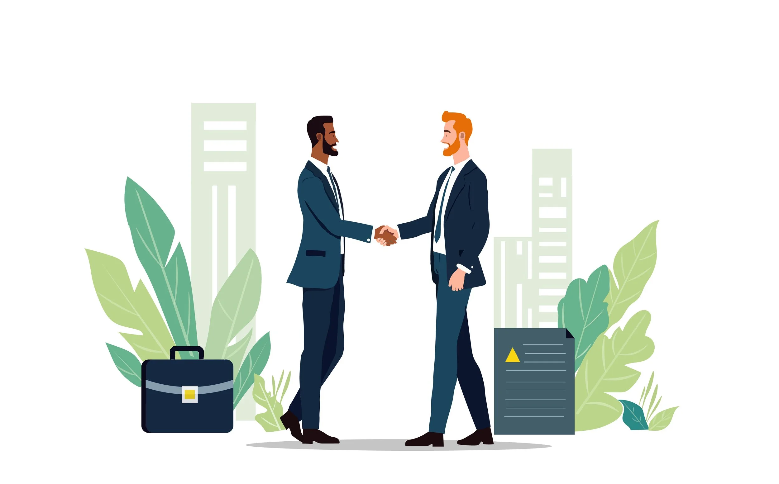 Two businessmen in suits shaking hands, standing outdoors with greenery and city buildings in the background, symbolizing a business agreement or partnership.