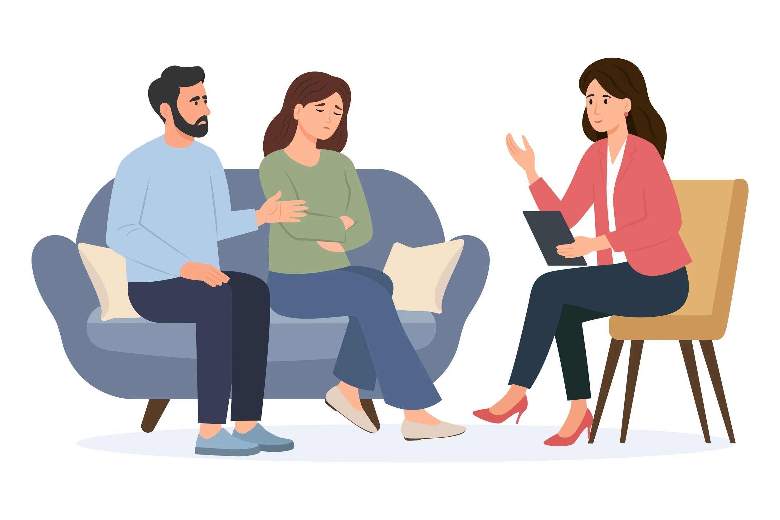 A woman in a pink blazer talking to a distressed couple, a man with a beard and woman sitting on a blue couch, during a counseling session.