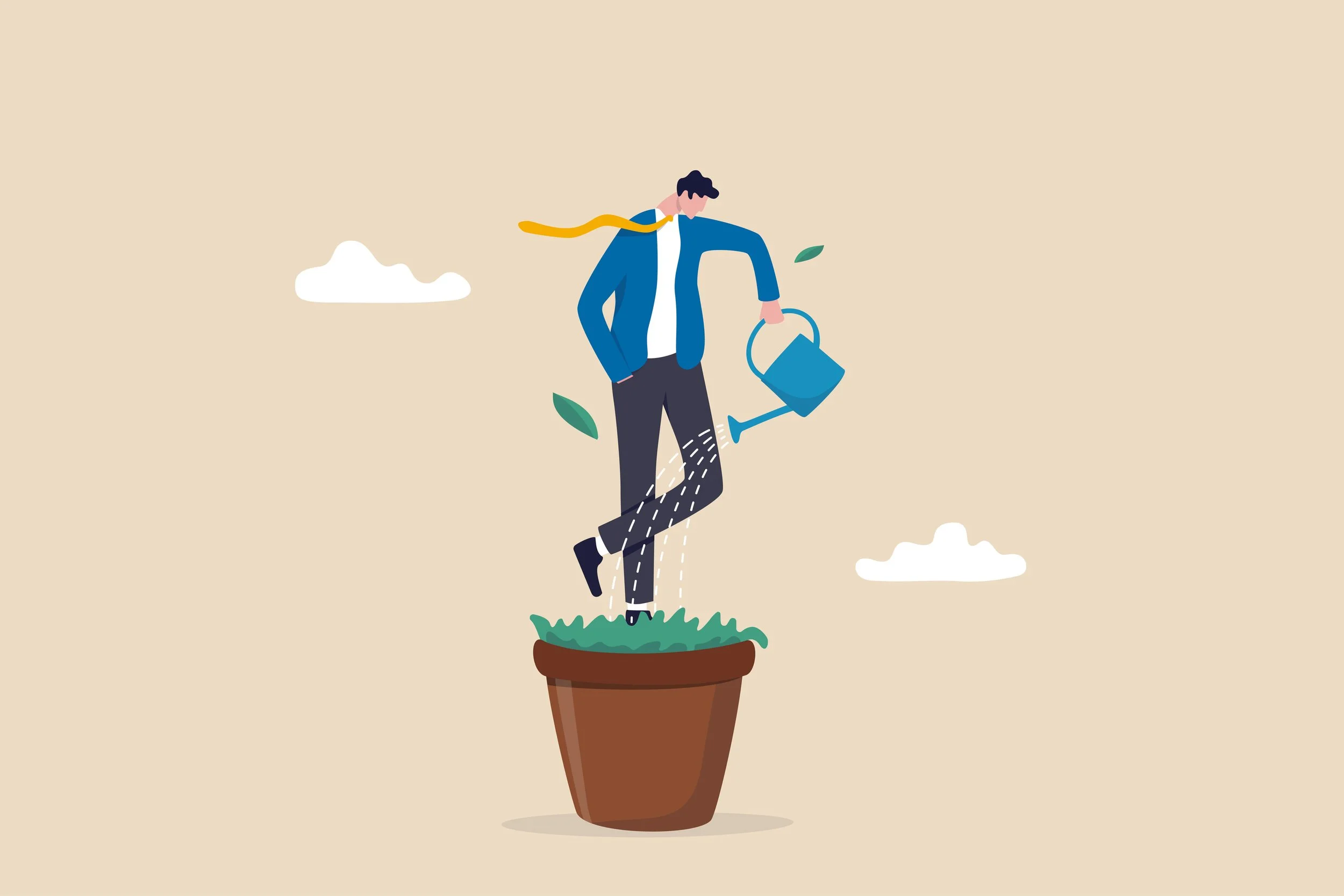 An illustration of a man in business attire standing on a plant in a pot, watering it with a watering can. The background is beige with a few clouds and floating leaves.