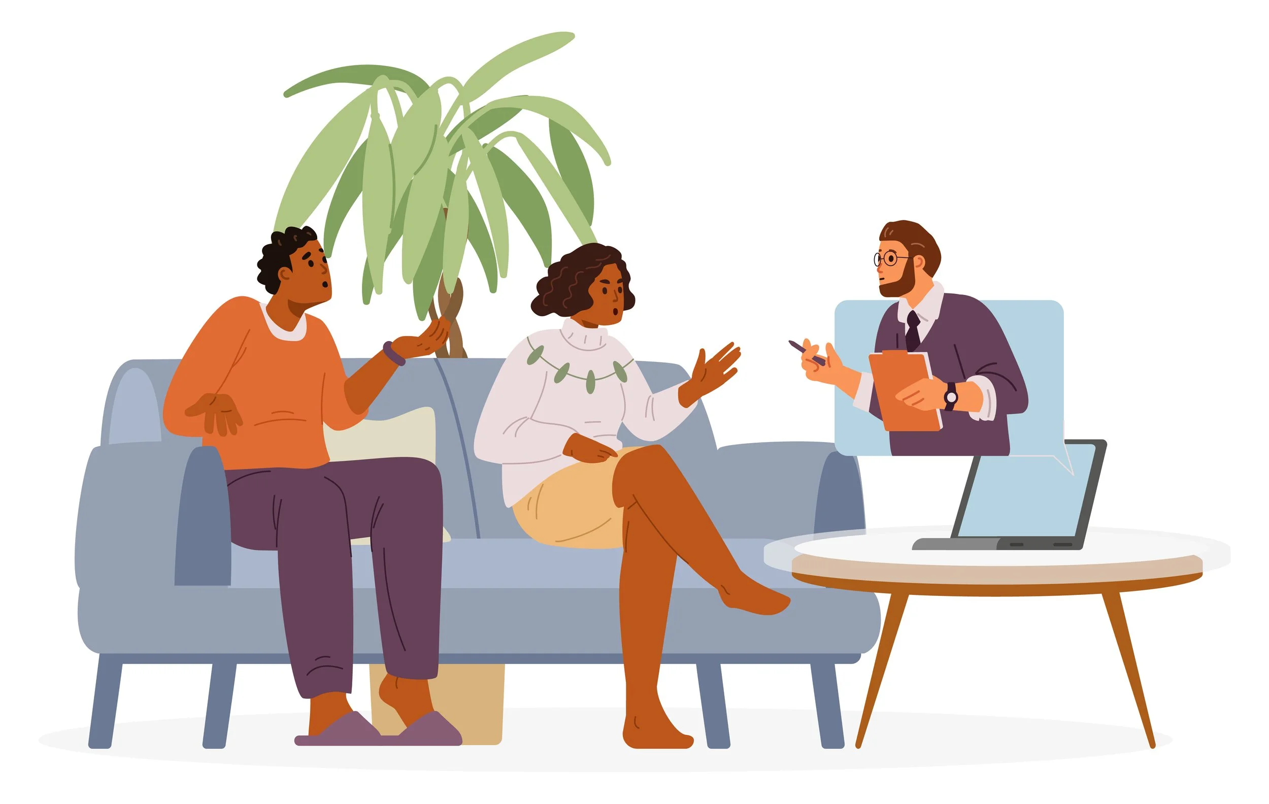 Three people having a discussion in a modern office setting. Two women sit on a blue sofa, one gesturing while the other listens, a man with glasses and a beard holds a tablet and a folder, with a laptop on a round table in front of them. A large plant is behind the sofa.