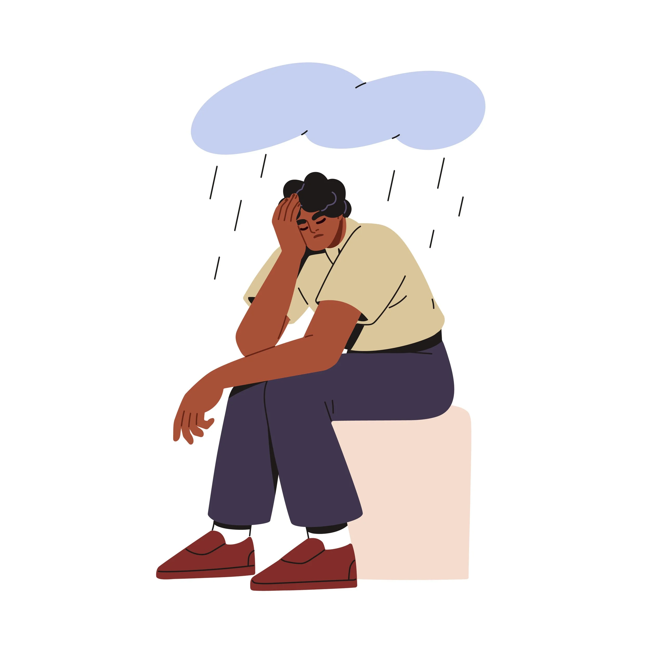 Illustration of a person sitting on a block, holding their head in distress, with a gray cloud raining above them, symbolizing sadness or depression.