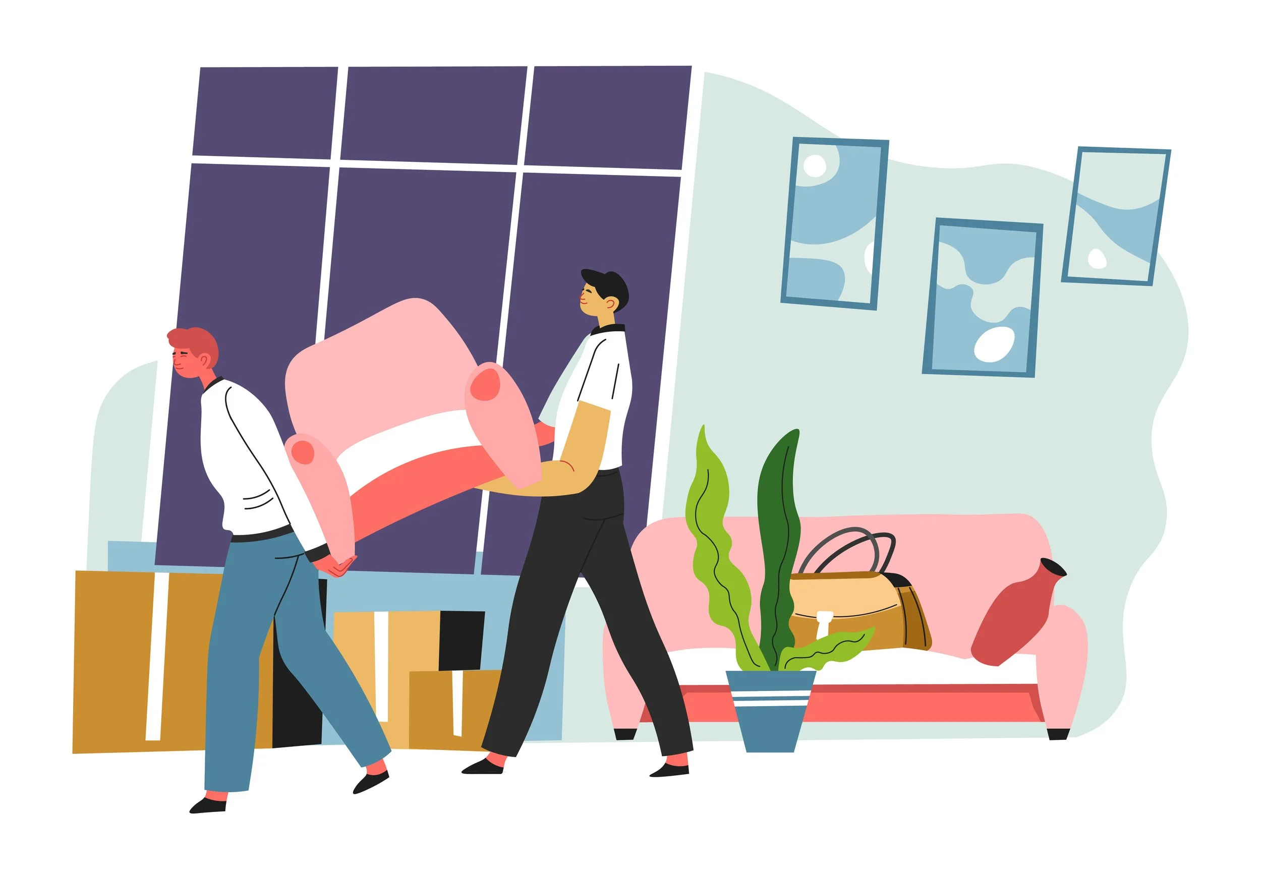 Two people carrying a large pink armchair inside a modern living room with a pink sofa, green plant, and abstract wall art.