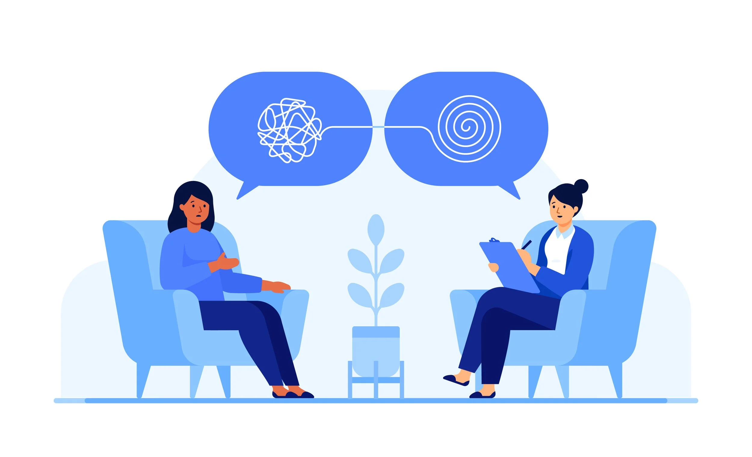 Two women sitting in chairs having a conversation about mental health, depicted with speech bubbles showing a tangled line and a spiral.