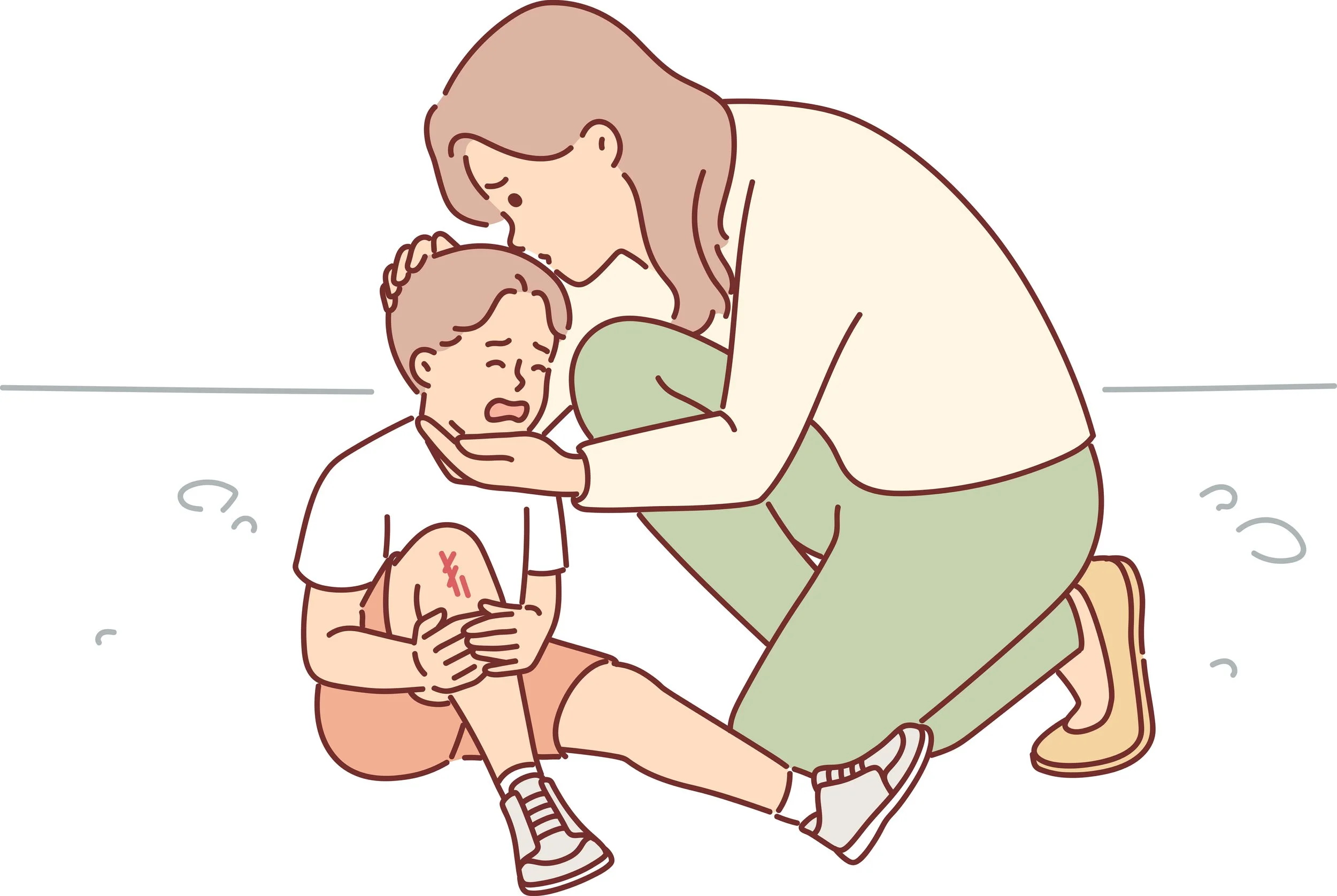A woman comforting a crying boy, who has a scraped knee, by kneeling beside him and holding his face gently.