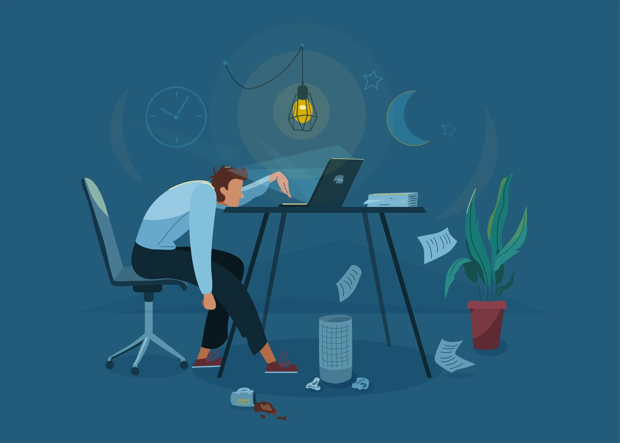 A person slumped over a desk with a laptop, surrounded by scattered papers, a trash can, a potted plant, a clock, a moon, stars, and a hanging light, in a dark room.