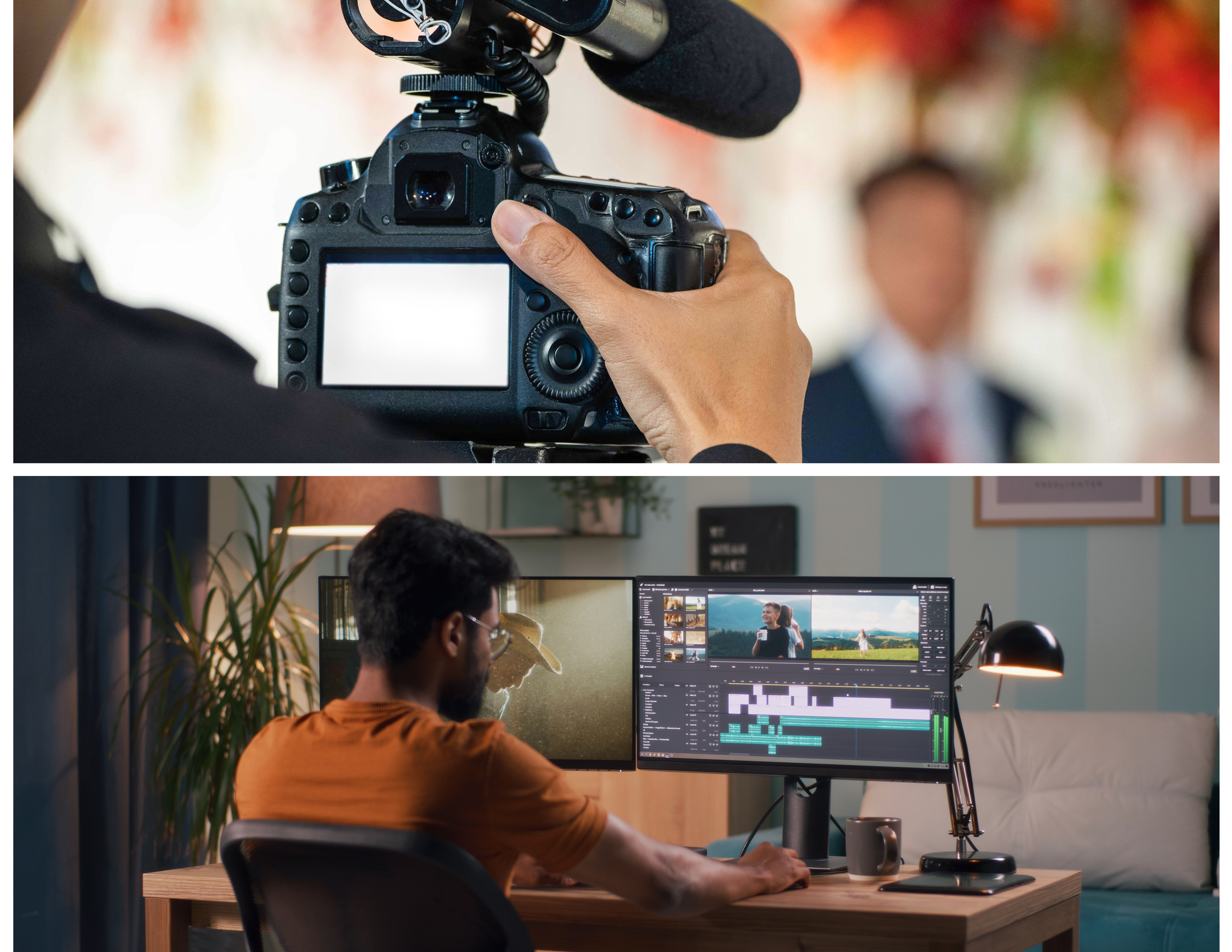 Top: Photographer filming a person outdoors, blurred background. Bottom: Man editing video on a dual-monitor setup indoors, with video editing software open on the screens.