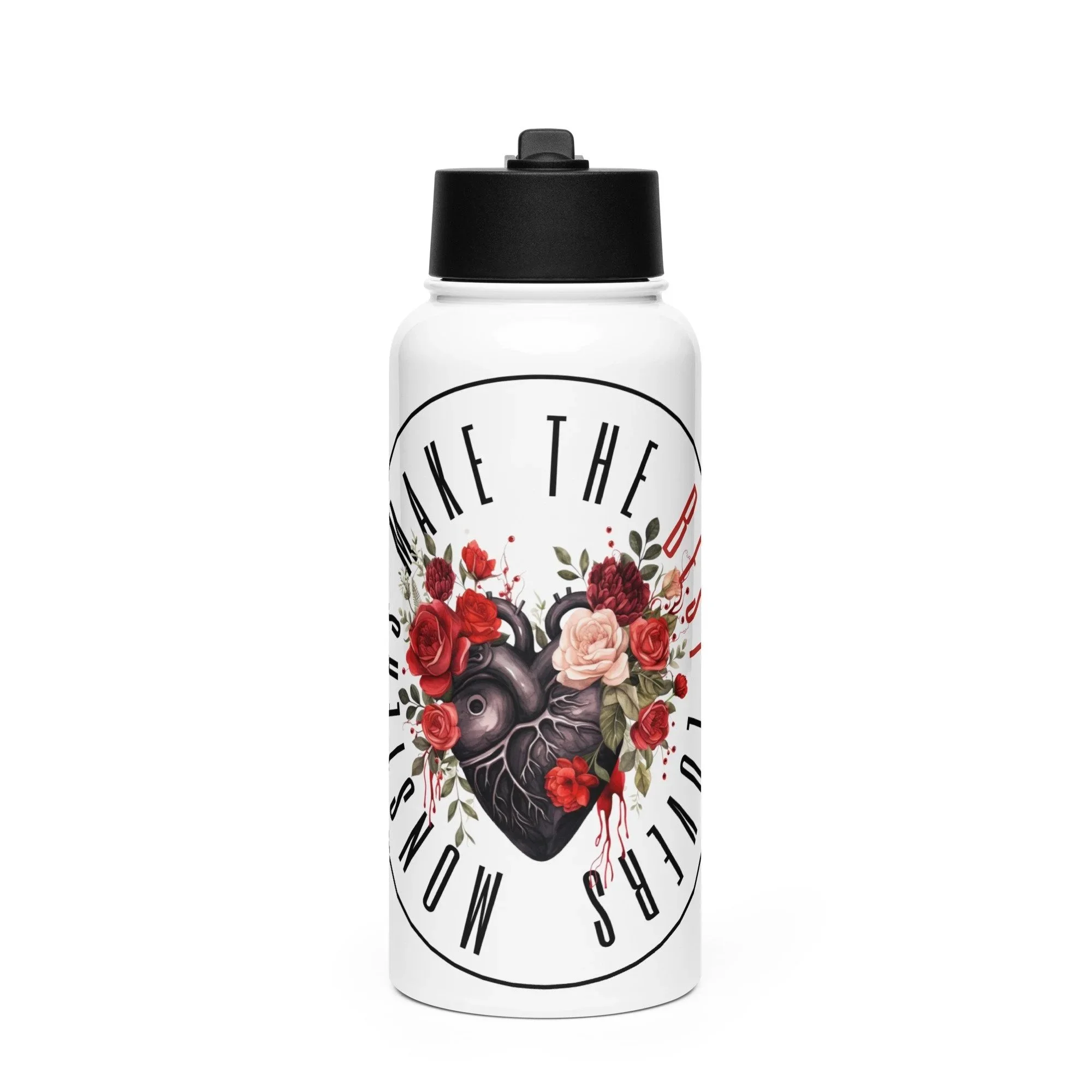 White 32oz stainless steel water bottle with anatomical heart surrounded by red and blush roses, framed by the phrase “Monsters Make the Best Lovers.”-32-oz-front-6896c98566a52.jpg