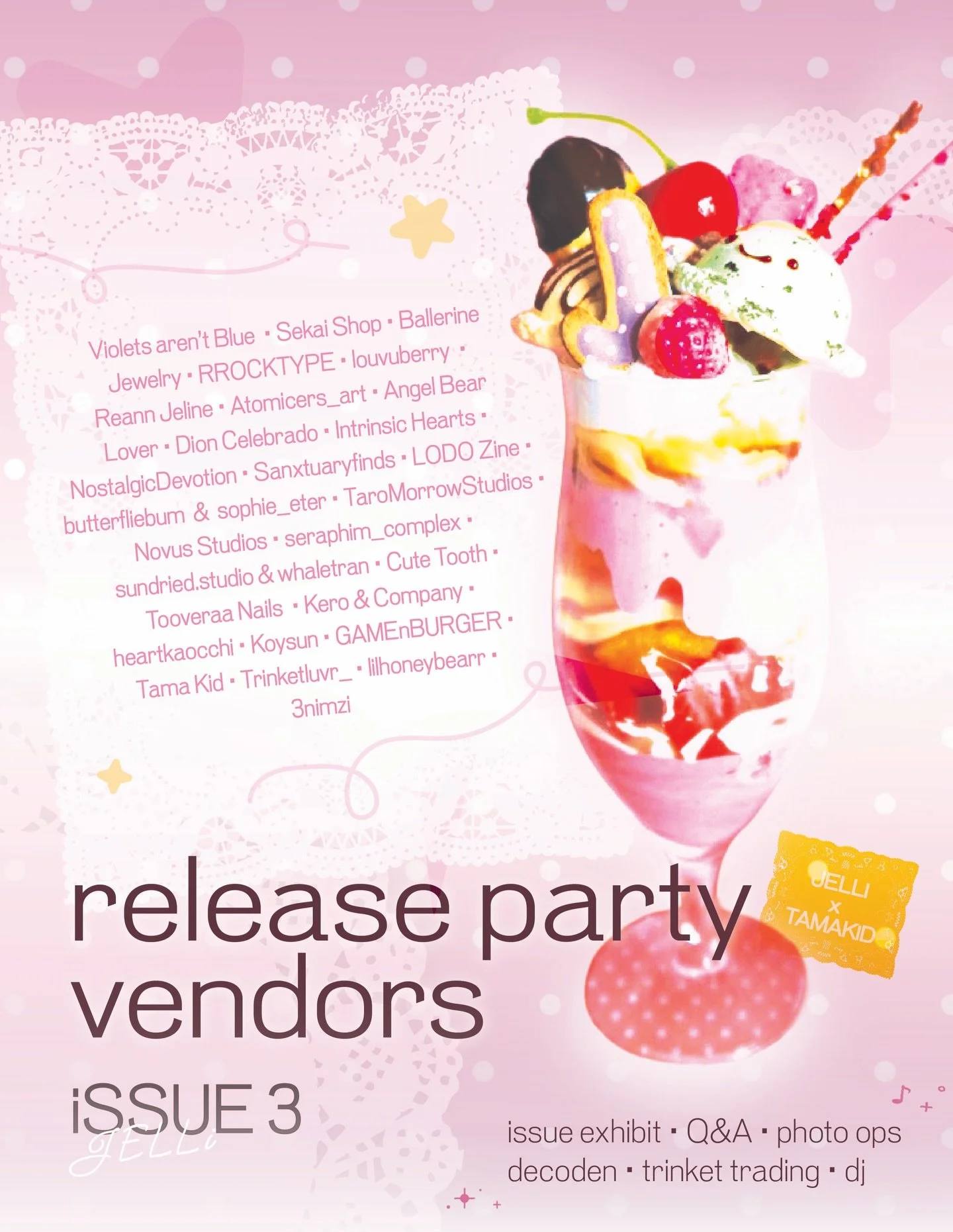 omgg iSSUE03 release party is only 1 week away ^o^ we can&rsquo;t wait to see you there!! 

.&bull;&deg;:✧⋆.&deg; we&rsquo;ll have iSSUE03 for viewing + iSSUE01 &amp; 02 to purchase!! we&rsquo;ll also have:
❤︎ 30 vendors selling art, jewelry, handmad