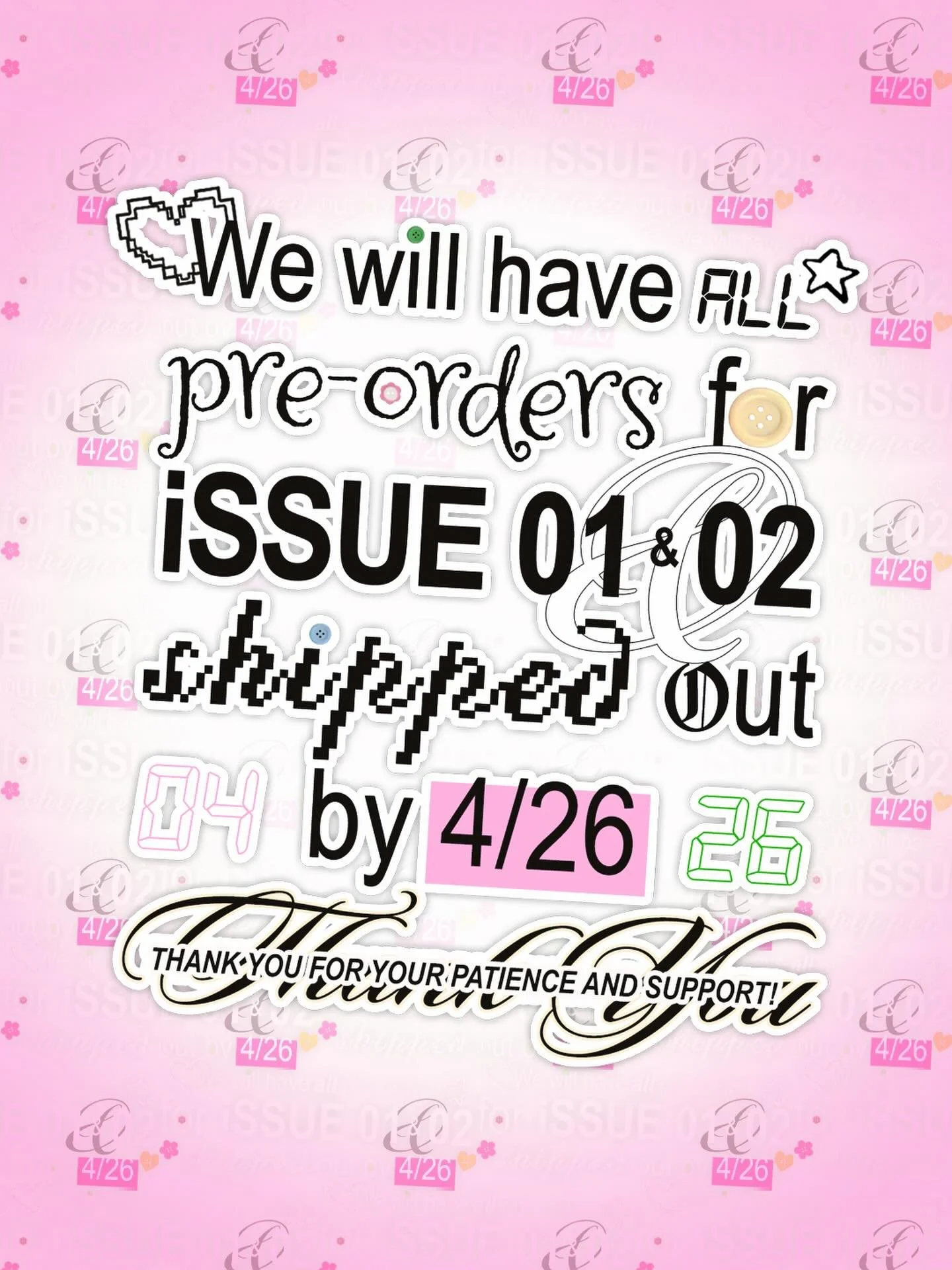 Shipping for iSSUES 01 &amp; 02 pre-orders will start tomorrow and all copies will be sent by 4/26!! As a reminder, we are a small business with an even smaller shipping team, but we are working hard to get all orders out asap! Thank you for your sup