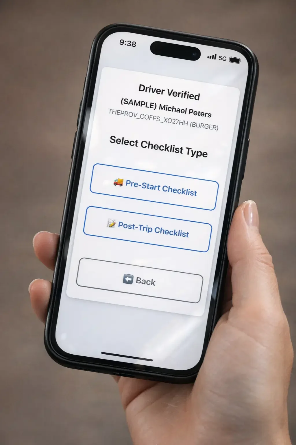 VisionTraks digital driver checklist app showing an example of the home screen with a user