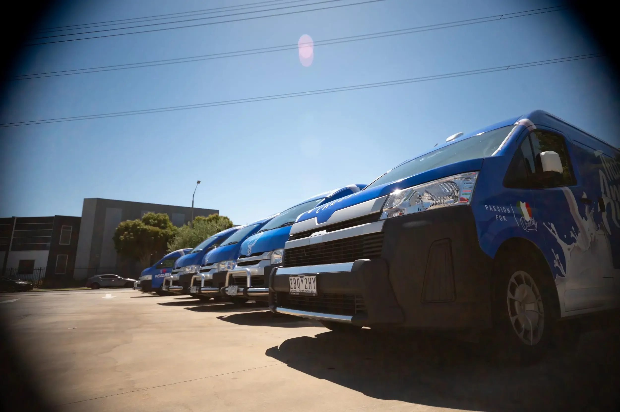 A line of blue trucks