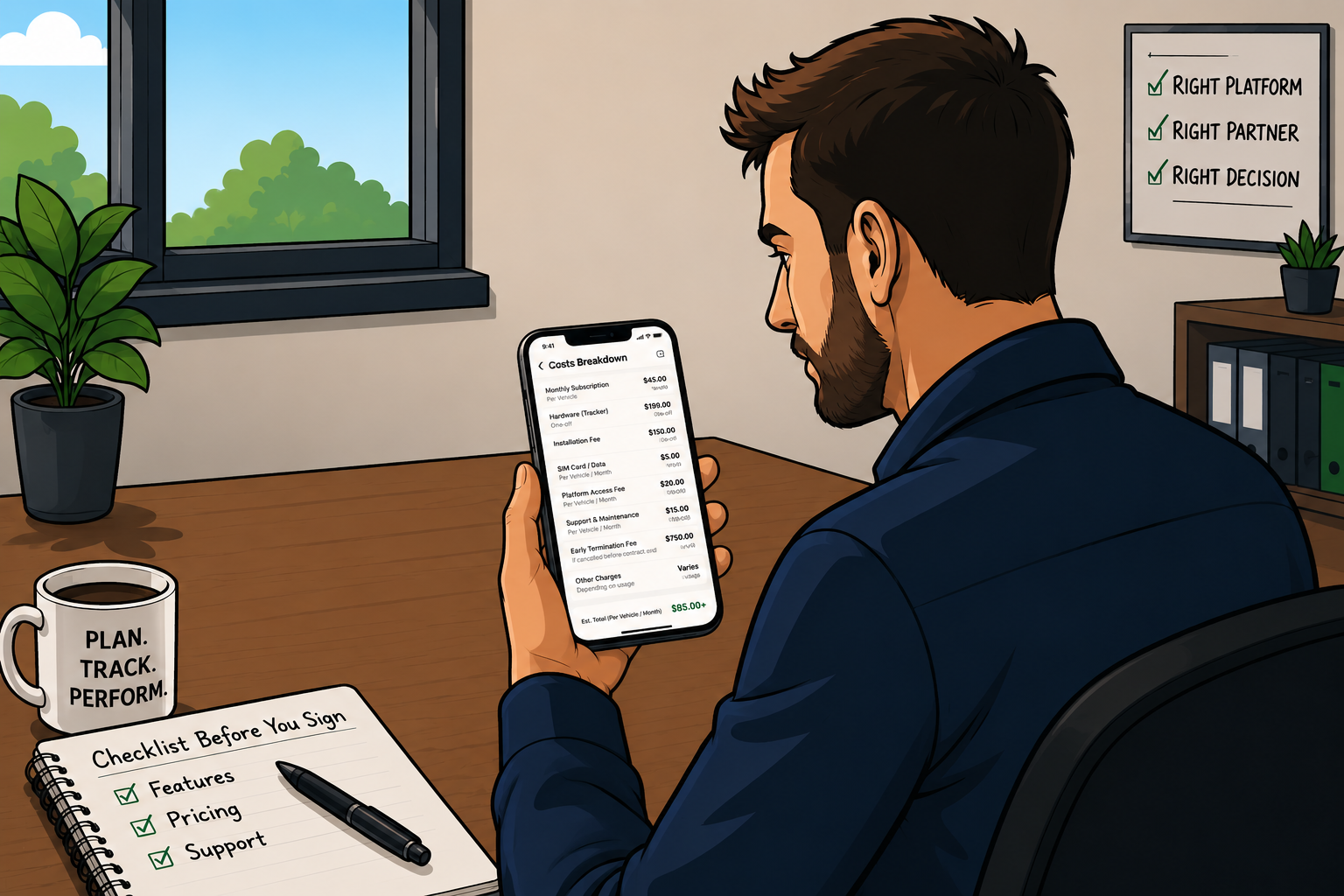 Businessman reviewing fleet tracking cost breakdown on phone with contract checklist