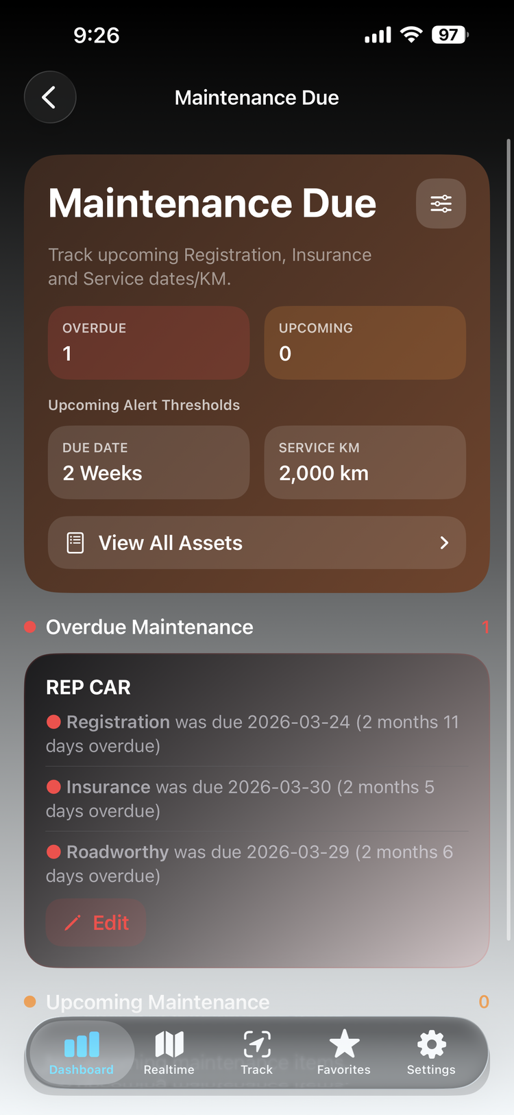VisionTrak VTtools Maintenance Due Report showing fleet vehicles with overdue and upcoming maintenance status